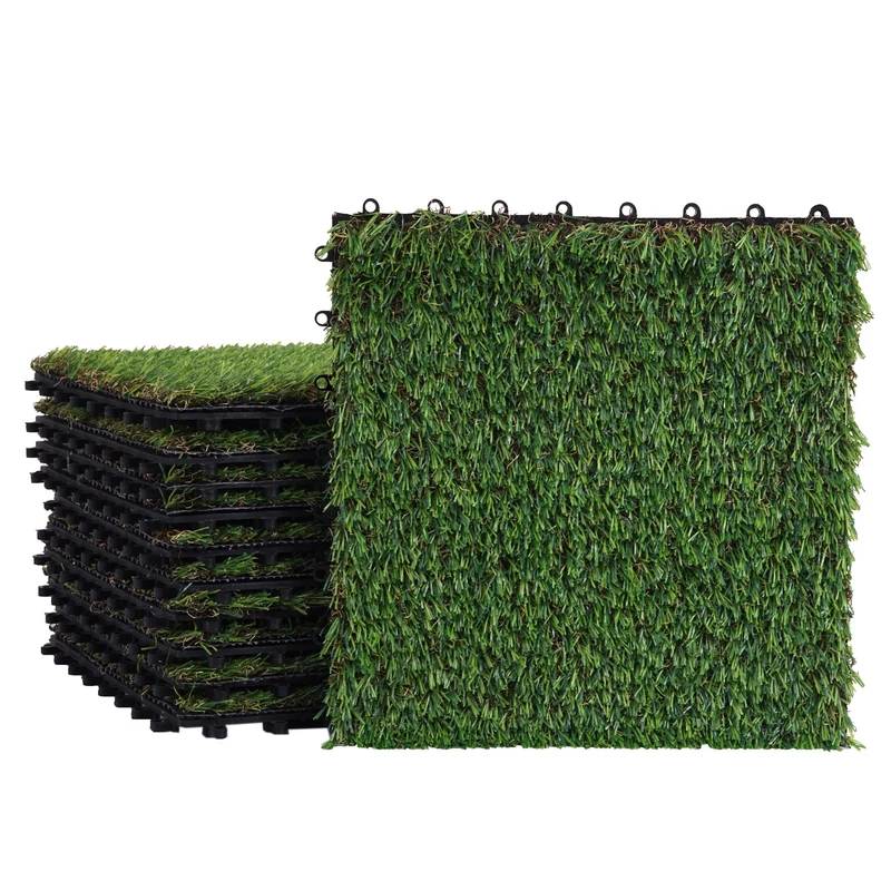 Lot de 11 dalles de gazon synthétique clipsables – Lot de 11 plaques imitation herbe pour terrasse balcon ou jardin 04_0011064