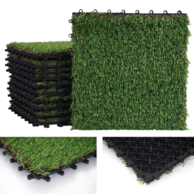 Lot de 11 dalles de gazon synthétique clipsables – Lot de 11 plaques imitation herbe pour terrasse balcon ou jardin 04_0011064