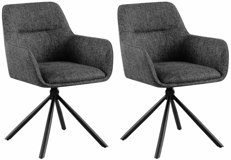 Lot de 2 chaises pivotantes style moderne et contemporain en tissu gris foncé piètement à quatre pieds métal noir 10_0007389