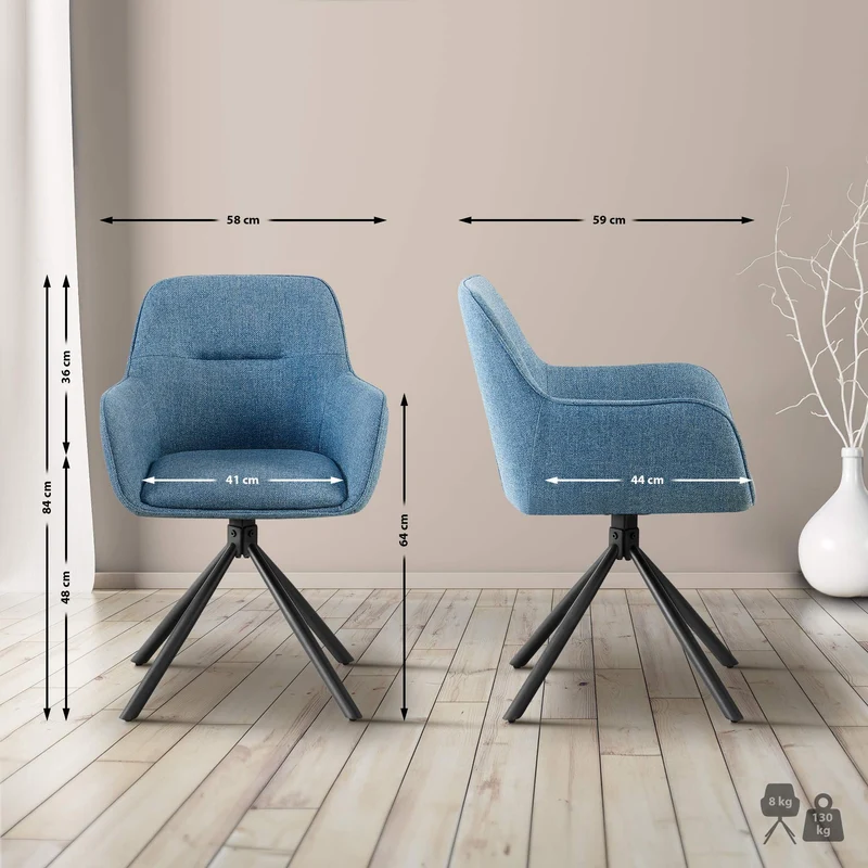 Chaise pivotante style moderne et contemporain en tissu bleu piètement à quatre pieds métal noir 10_0007281