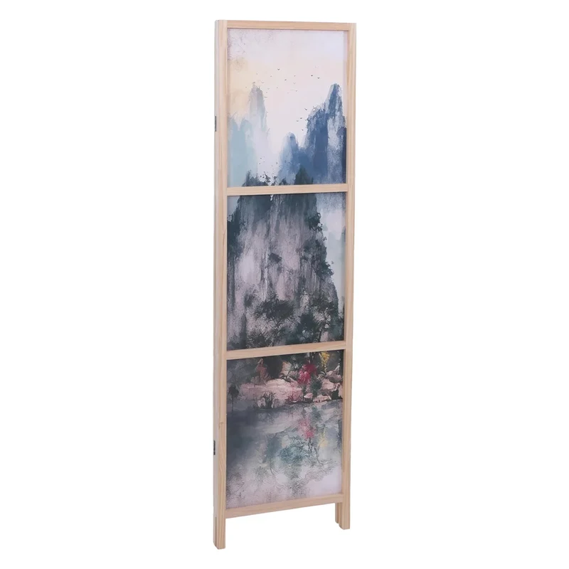 Paravent séparation de pièce 3 panneaux motif montagne en bois de pin et polyéthylène 170 × 137 cm 04_0008910