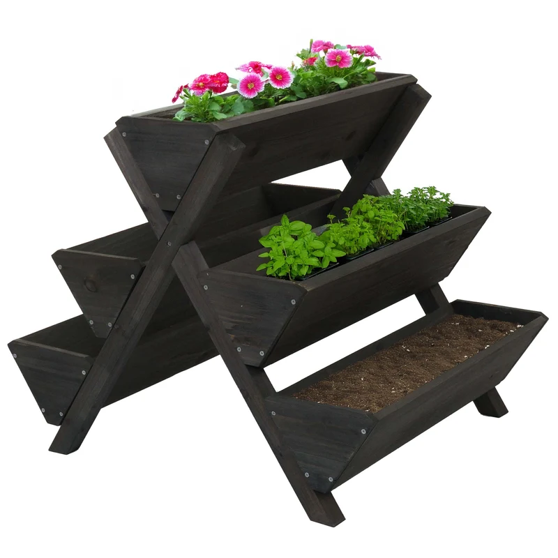 Étagère à plantes escalier à fleurs et herbes aromatiques jardinière bac à plantes surélevé 5 bacs 56 × 56 × 70 cm usage extérieur bois de sapin anthracite 04_0009612