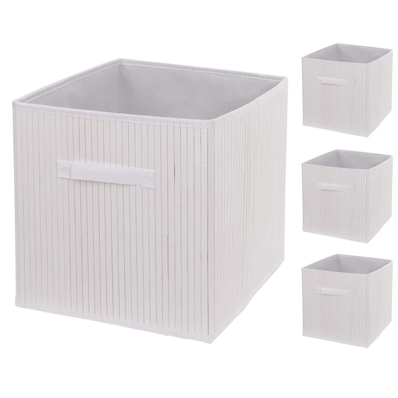 Lot de 4 boîtes de rangement en bambou panier bac avec poignée 32 x 32 x 32 cm pratique style moderne en bambou blanc 04_0009458