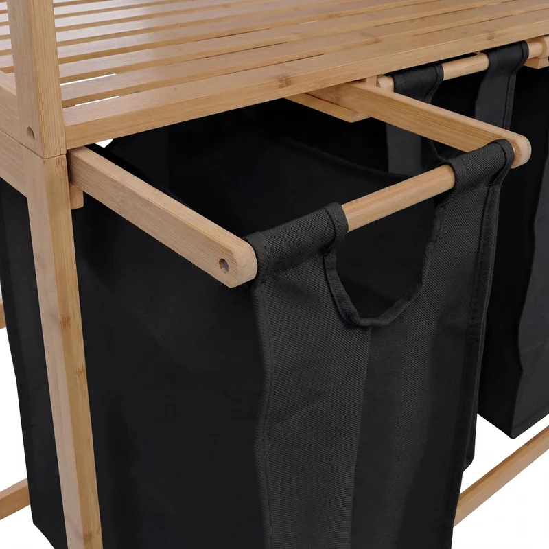 Lot de 3 paniers à linge pratiques pour salle de bain avec étagères 125 x 80 x 40 cm design épuré en bambou naturel et noir 04_0008766