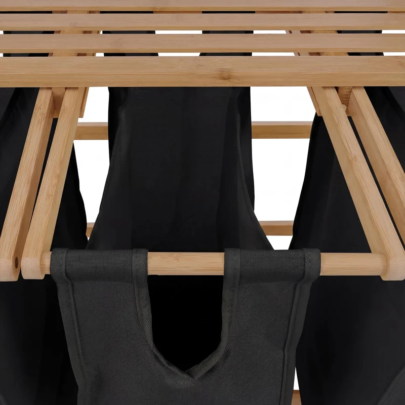 Lot de 3 paniers à linge pratiques pour salle de bain avec étagères 125 x 80 x 40 cm design épuré en bambou naturel et noir 04_0008766
