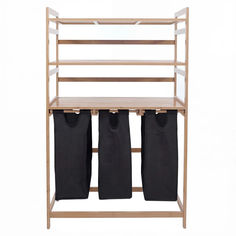 Lot de 3 paniers à linge pratiques pour salle de bain avec étagères 125 x 80 x 40 cm design épuré en bambou naturel et noir 04_0008766