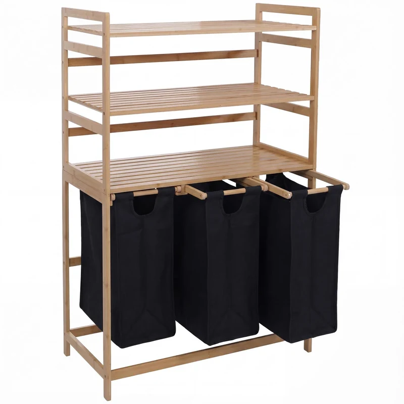 Lot de 3 paniers à linge pratiques pour salle de bain avec étagères 125 x 80 x 40 cm design épuré en bambou naturel et noir 04_0008766