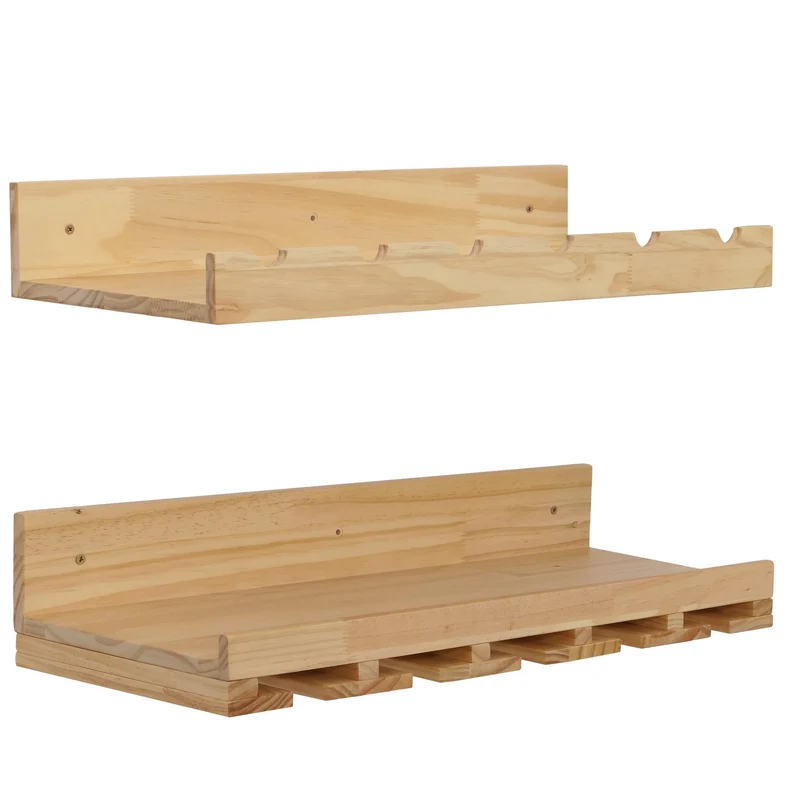 Lot de 2 étagères murales support bouteilles et verres 61 x 28 cm pratique et décoratif cuisine salon en bois naturel 04_0009079