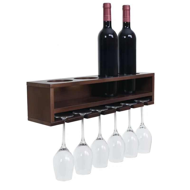 Etagère murale design moderne pour 4 bouteilles et 6 verres 12 x 48 x 12 cm en bois marron 04_0009088