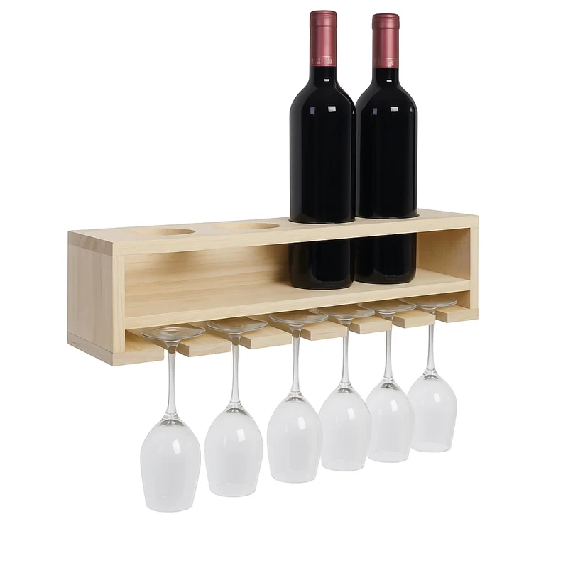 Etagère murale design moderne pour 4 bouteilles et 6 verres 12 x 48 x 12 cm en bois clair 04_0009089