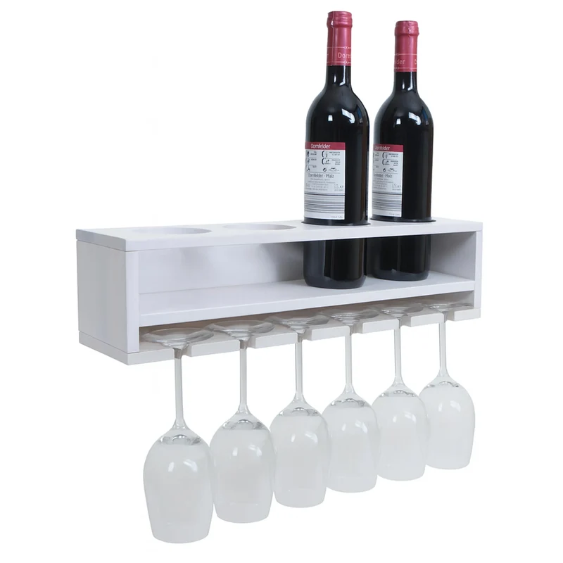 Etagère murale design moderne pour 4 bouteilles et 6 verres 12 x 48 x 12 cm en bois blanc 04_0009091