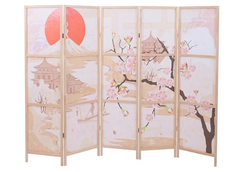 Paravent pliable 5 panneaux style déco orientale 170 x 227 cm pratique espace zen en polyéthylène beige 04_0008907