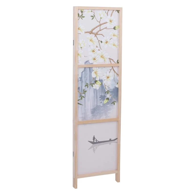 Paravent pliable 3 panneaux décoratif sépateur de pièce 170 x 137 cm motif paysage de rivière en polyéthylène beige 04_0008913