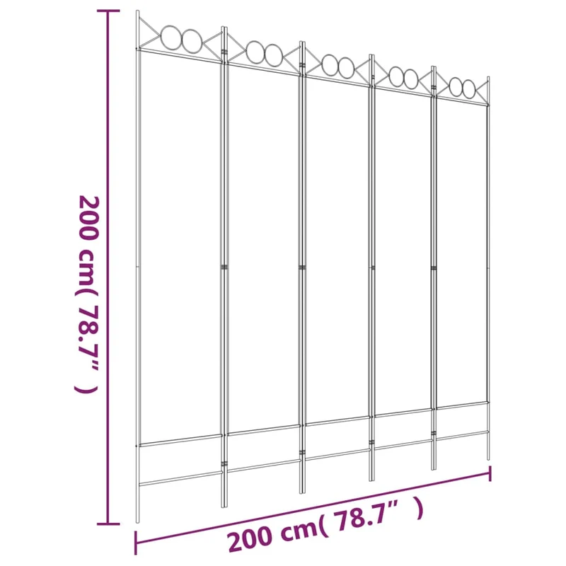 Paravent séparateur de pièce cloison 5 panneaux 200 x 200 cm tissu blanc et fer DEC030943