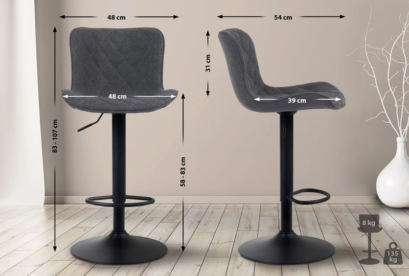 Lot de 2 tabourets de bar coutures décoratives pied trompette hauteur réglable en métal noir assise en tissu noir 10_0004141