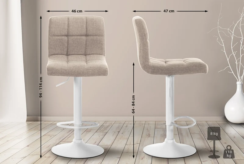Tabouret de bar x1 style contemporain en tissu matelassé crème cadre métal blanc 10_0005608