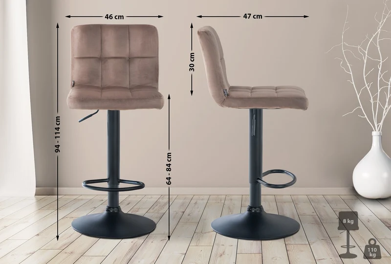 Tabouret de bar chaise haute x 1 avec coutures décoratives carrées assise en velours marron pieds en métal noir 10_0005329