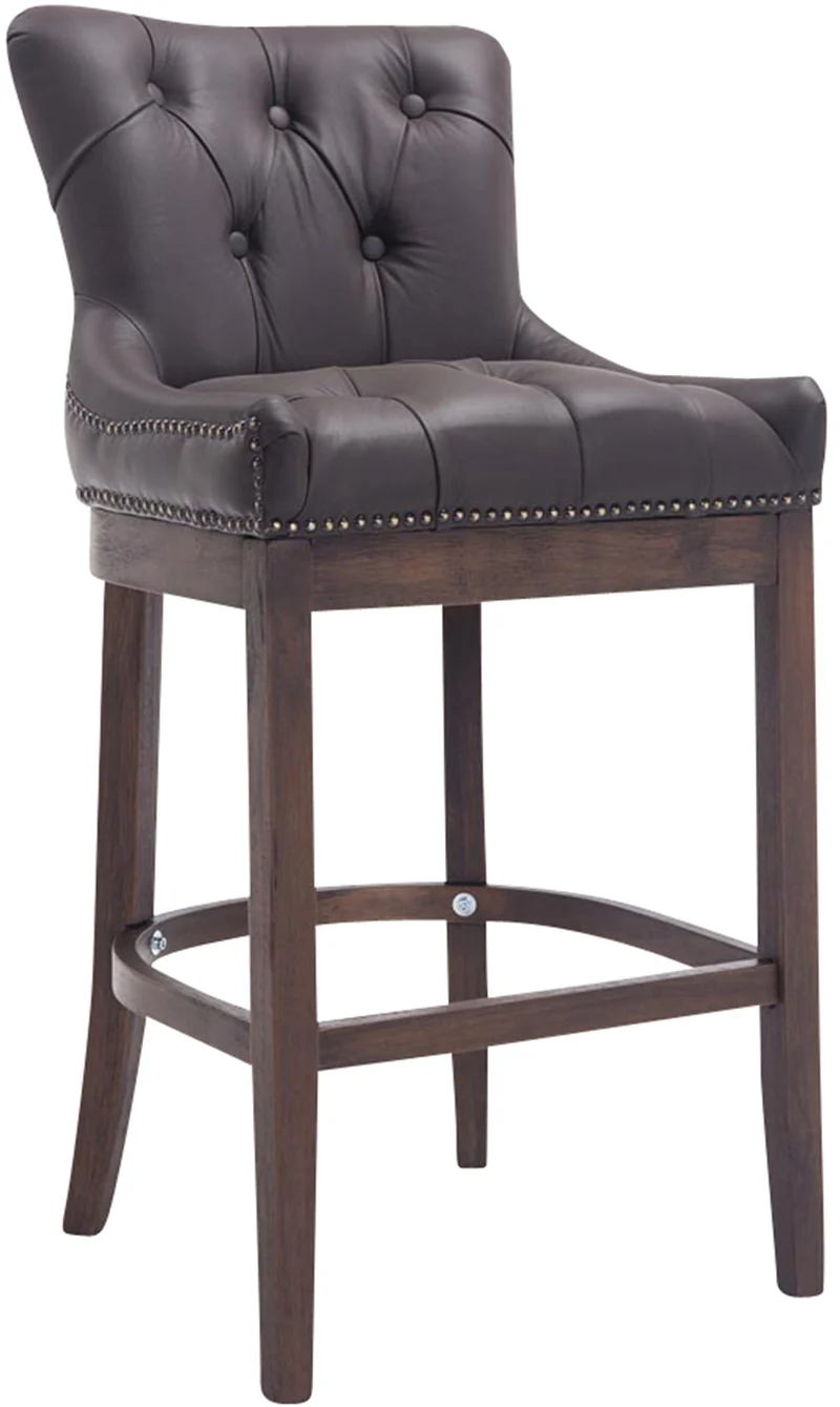 Tabouret de bar x1 assise en cuir véritable marron capitonné et piètement en bois H 109 cm 10_0005054