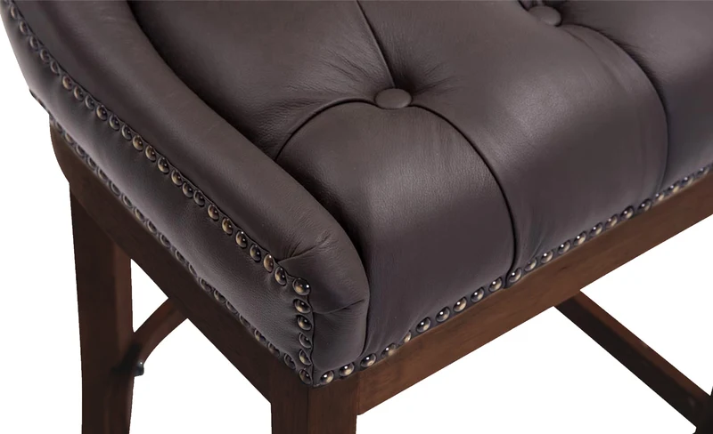 Tabouret de bar x1 assise en cuir véritable marron capitonné et piètement en bois H 109 cm 10_0005054
