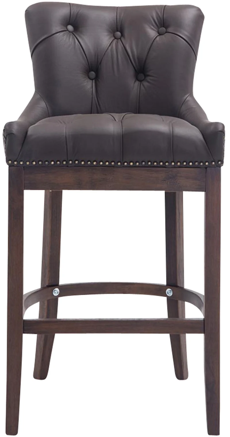 Tabouret de bar x1 assise en cuir véritable marron capitonné et piètement en bois H 109 cm 10_0005054