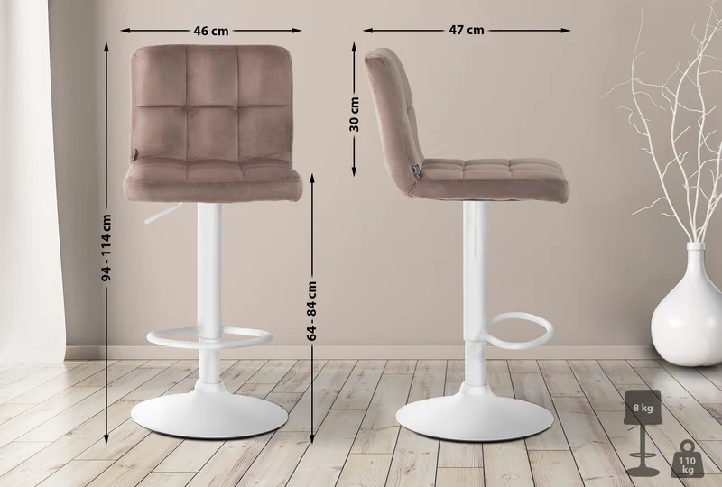 Tabouret de bar chaise haute x 1 avec coutures décoratives carrées assise en velours marron pieds en métal blanc 10_0005335