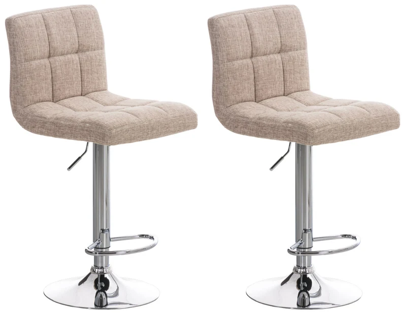 Lot de 2 tabourets de bar design rétro moderne surpiqûres carrées en tissu crème et métal chromé 10_0006033