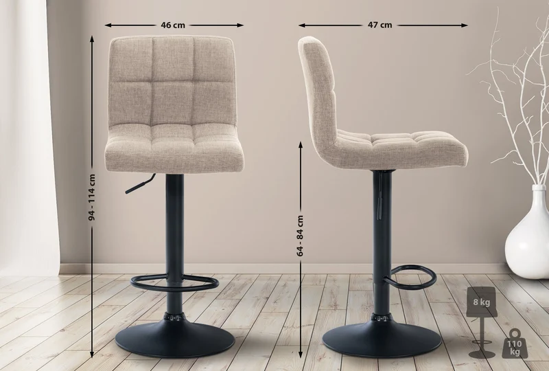 Tabouret de bar x1 style contemporain en tissu matelassé crème cadre métal noir 10_0005609