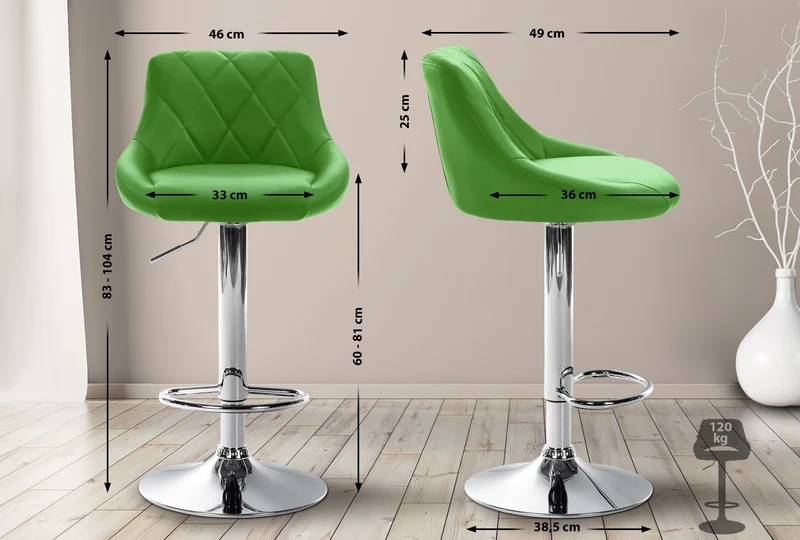 Tabouret de bar x1 pivotant hauteur réglable en similicuir vert surpiqûres décoratives cadre en métal chromé 10_0005708