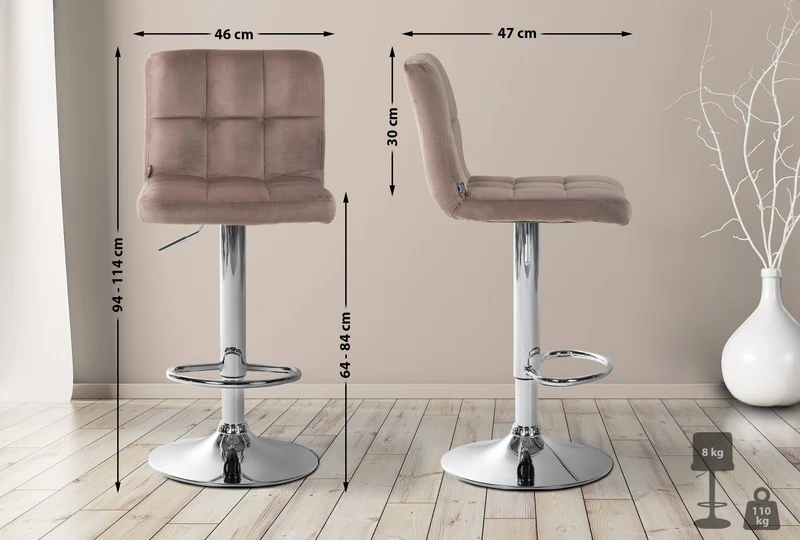Lot de 2 tabourets de bar en velours marron avec coutures décoratives pied en trompette métal chromé 10_0004388