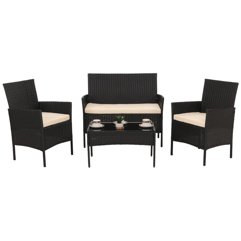 Salon de jardin design en poly-rotin anthracite structure métal et coussins crème 39 x 73 x 41 cm 04_0009736