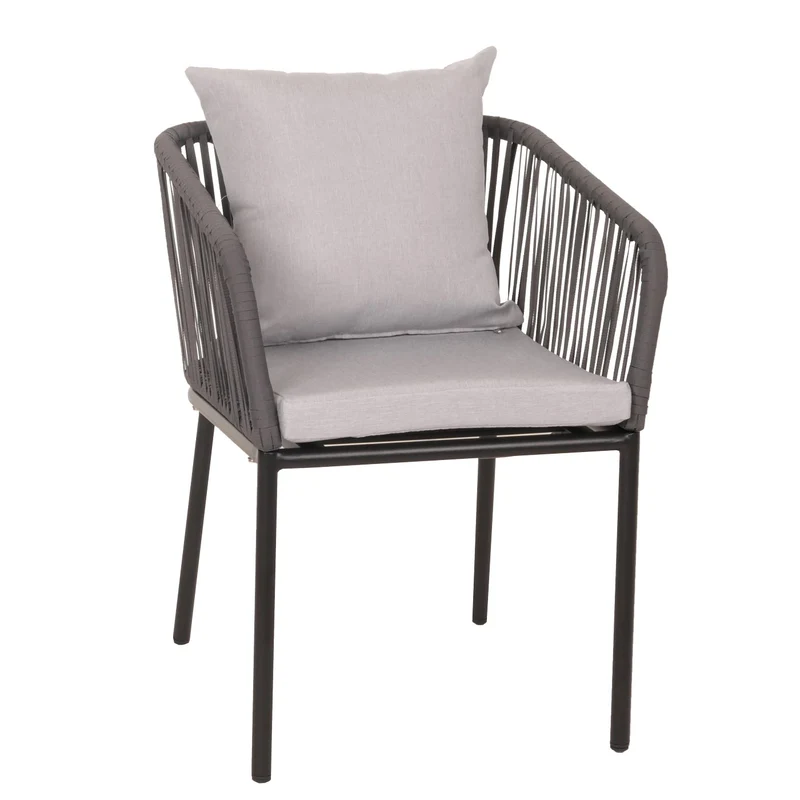 Salon de jardin table 140x80 cm + 4 fauteuils corde tressée gris et coussins crème 04_0010084