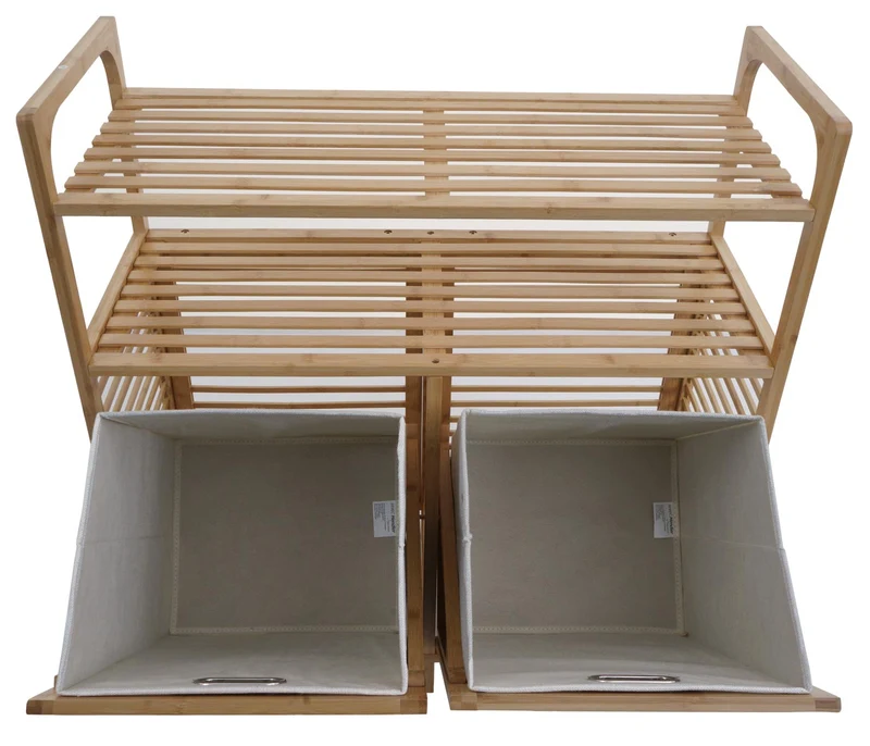 Meuble de salle de bain avec deux paniers à linge et deux étagères 88 x 81 x 33 cm en bambou naturel 04_0009760