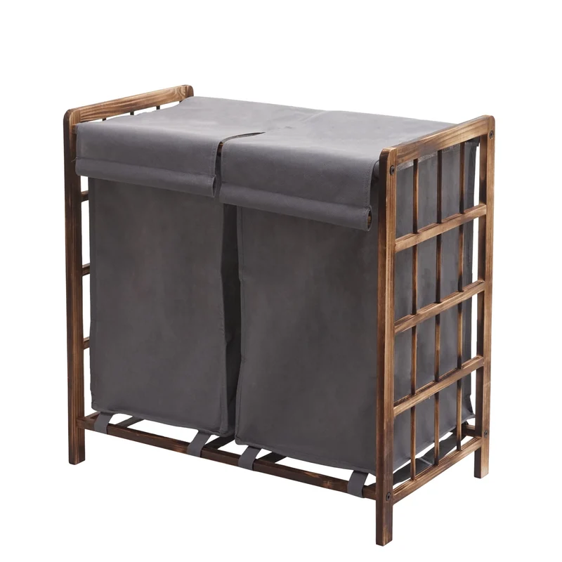 Panier à linge avec 2 compartiments moderne 60 x 60 x 33 cm rangement pratique en bois marron et tissu gris 04_0010648