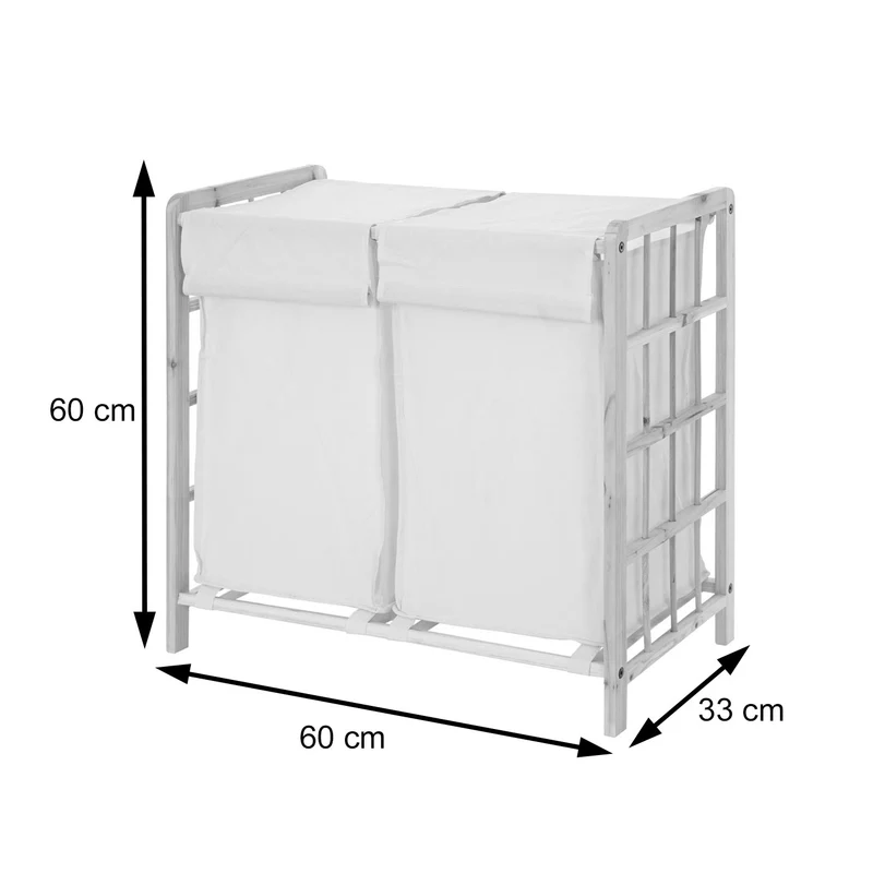 Panier à linge avec 2 compartiments moderne 60 x 60 x 33 cm rangement pratique en bois marron et tissu gris 04_0010648