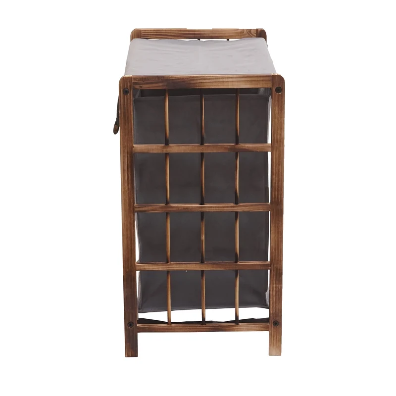Panier à linge avec 2 compartiments moderne 60 x 60 x 33 cm rangement pratique en bois marron et tissu gris 04_0010648