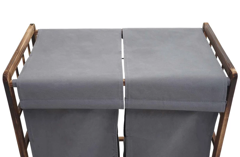 Panier à linge avec 2 compartiments moderne 60 x 60 x 33 cm rangement pratique en bois marron et tissu gris 04_0010648