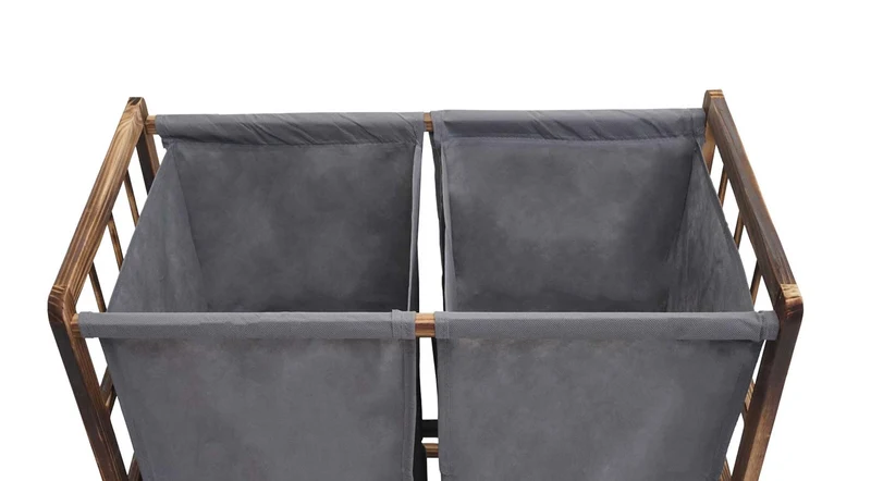 Panier à linge avec 2 compartiments moderne 60 x 60 x 33 cm rangement pratique en bois marron et tissu gris 04_0010648