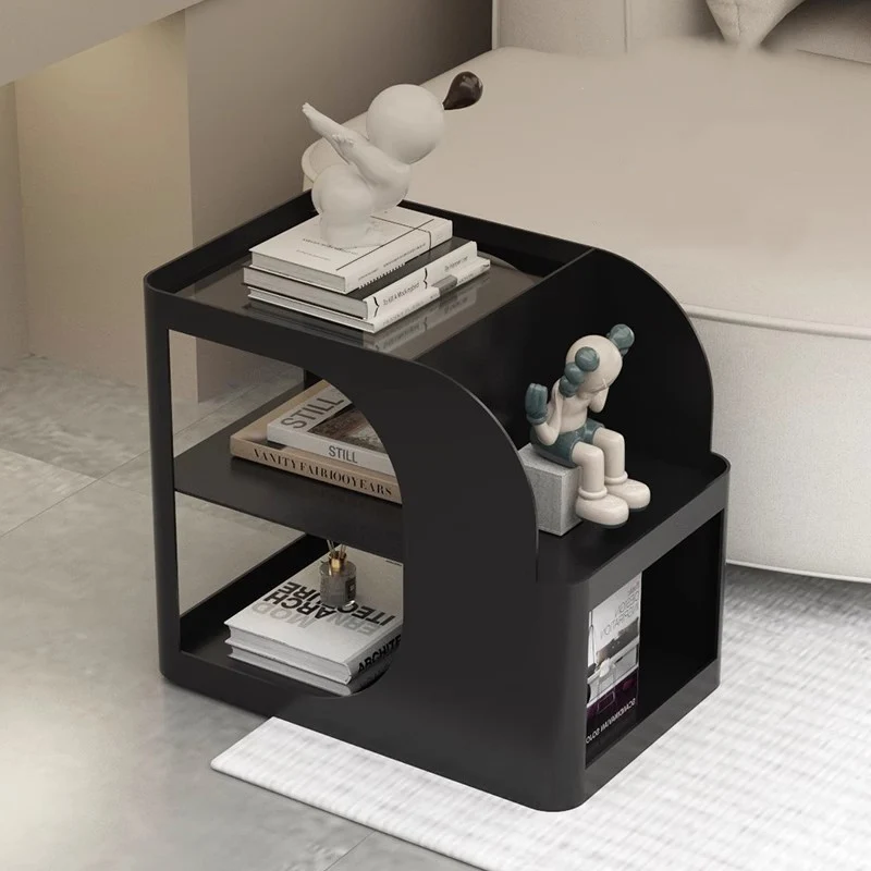 Modern Mid-Century Geometric Arc Iron End Table 2-Tier Storage Shelves With Casters For Living Room