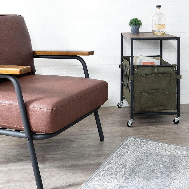 Contemporary Nordic Square MDF Top Iron Frame Rolling Cart End Table 2-Tier Fabric Storage Bags For Living Room