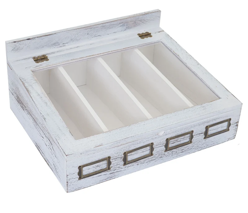 Boîte de rangement en bois de Paulownia blanc avec couvercle vitré et 4 compartiments 04_0011179