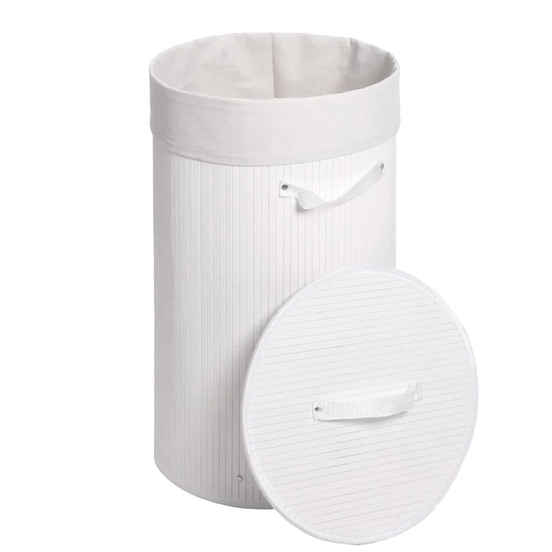 Panier à linge rond pratique avec couvercle 59 x 35 cm pour salle de bain rangement élégant en bambou naturel 04_0009545