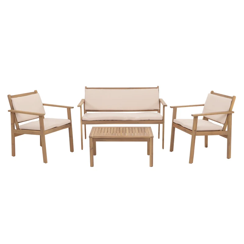 Salon de jardin en bois avec coussins ensemble extérieur 4 pièces avec canapé fauteuils et table basse 04_0009665