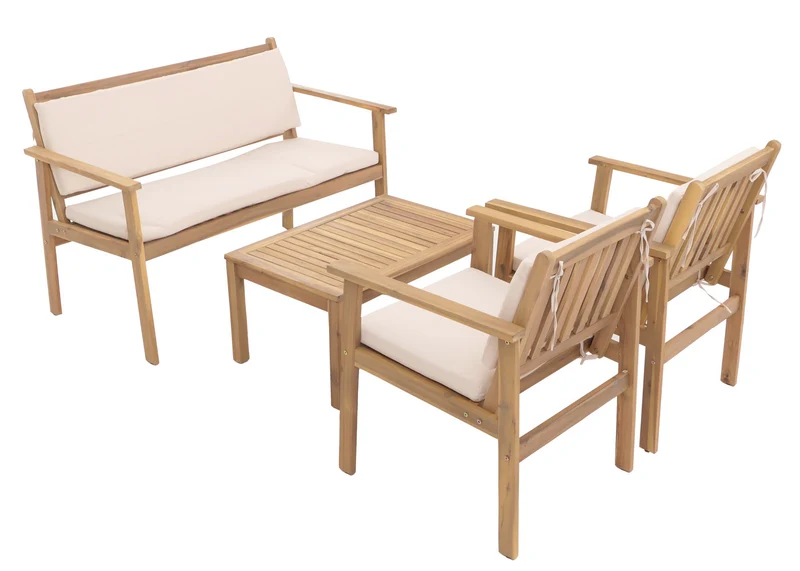 Salon de jardin en bois avec coussins ensemble extérieur 4 pièces avec canapé fauteuils et table basse 04_0009665