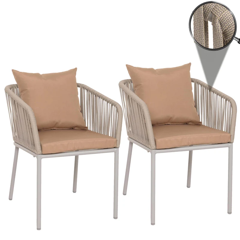 Lot de 2 chaises de jardin avec accoudoirs structure aluminium et tressage corde coussins taupe 04_0010096