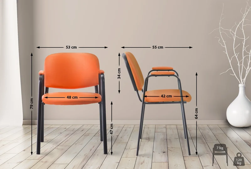 Chaise visiteur avec accoudoirs intégrés zone d'attente en PVC orange piètement à 4 pieds en métal noir 10_0003381