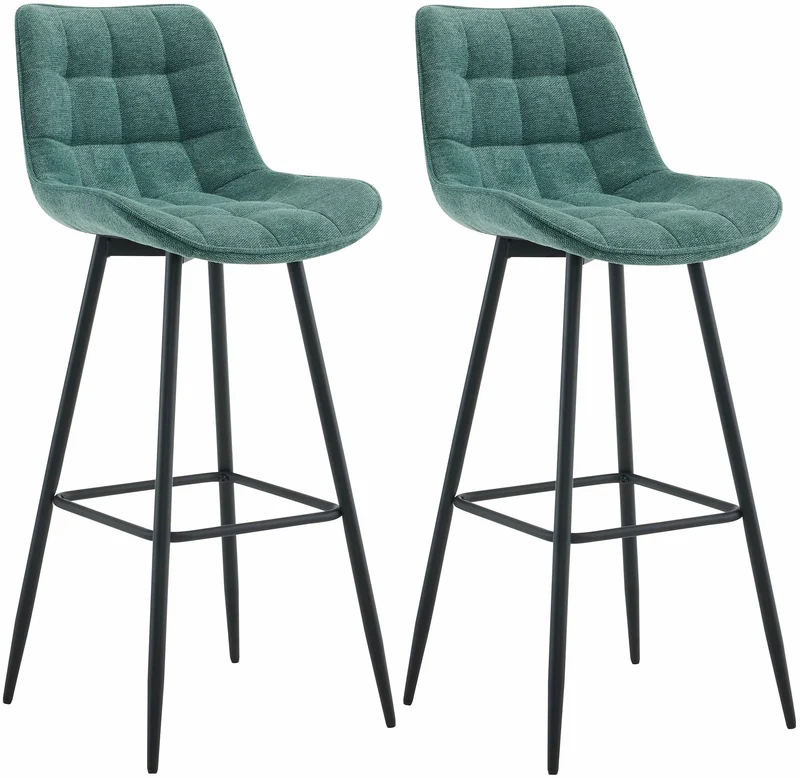 Lot de 2 tabourets de bar coutures décoratives carrées avec repose-pieds en tissu vert quatre pieds en métal 10_0006586
