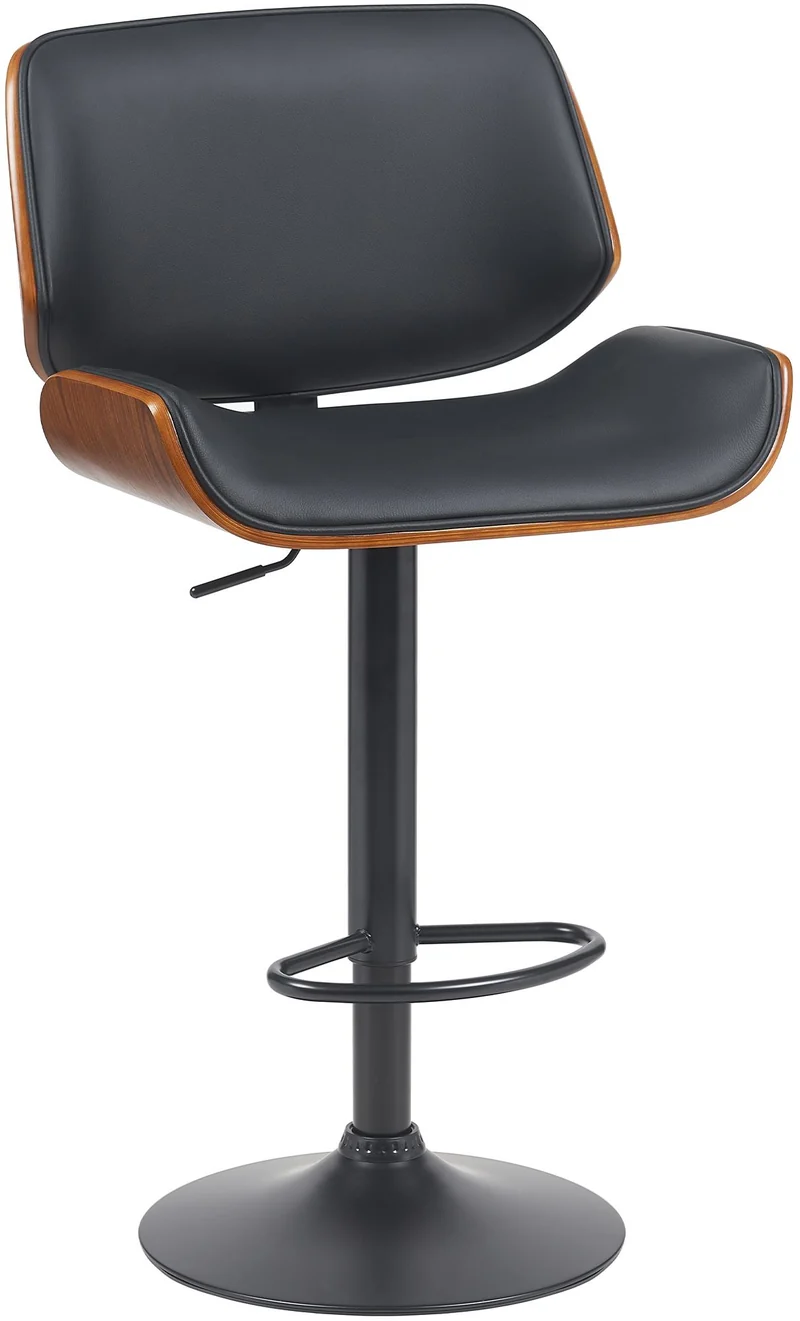 Tabouret de bar x1 style moderne rétro en PVC noir assise en bois courbé couleur noyer cadre métal noir 10_0005594