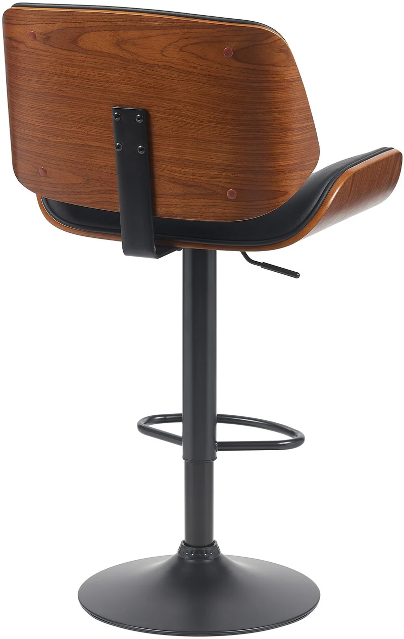Tabouret de bar x1 style moderne rétro en PVC noir assise en bois courbé couleur noyer cadre métal noir 10_0005594