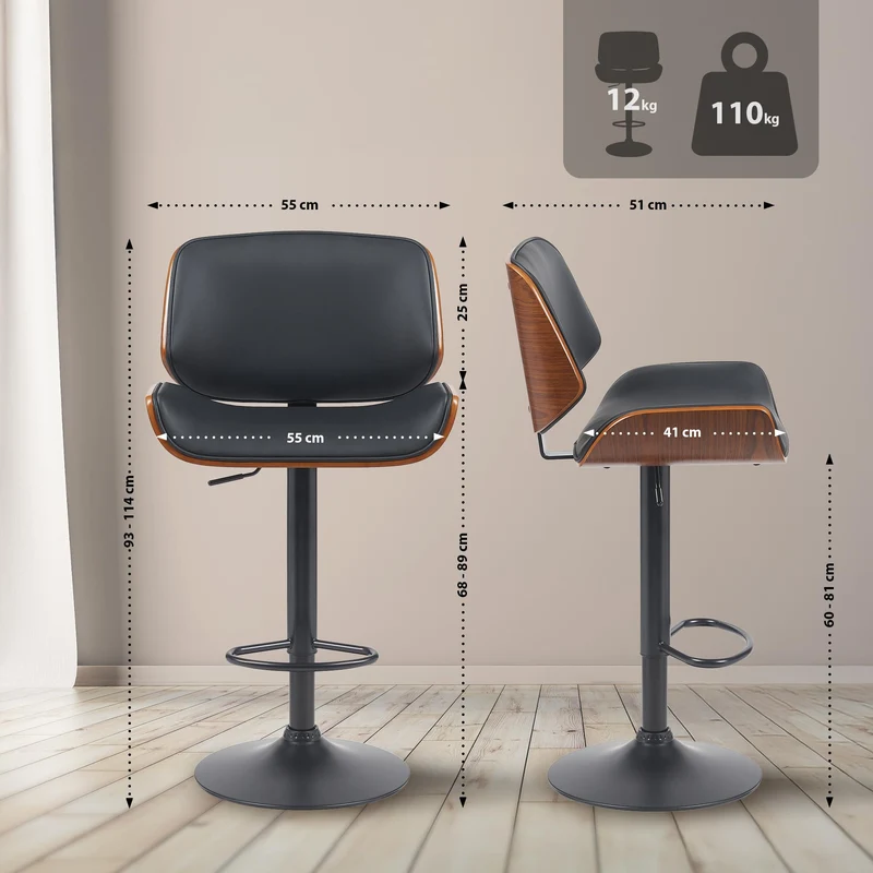 Tabouret de bar x1 style moderne rétro en PVC noir assise en bois courbé couleur noyer cadre métal noir 10_0005594