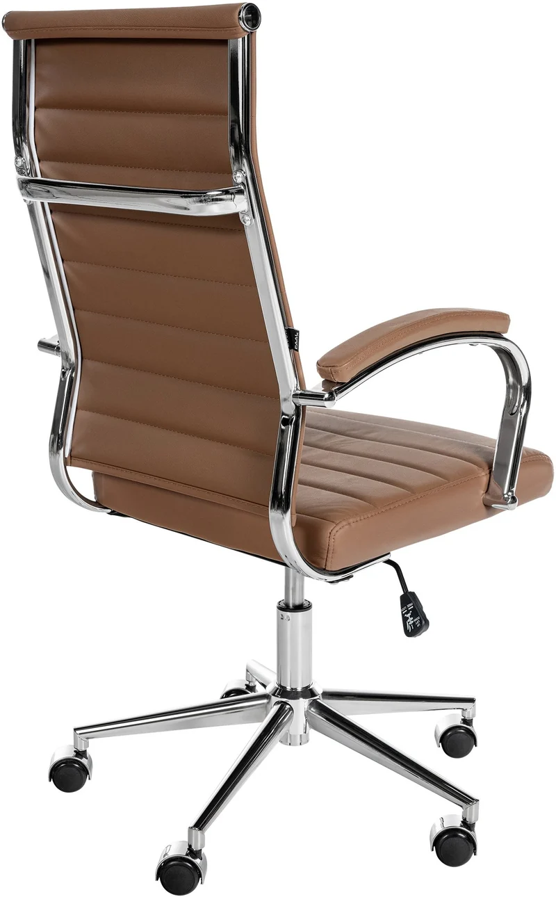 Fauteuil de bureau en cuir véritable marron clair surpiqûre horizontale et pieds métal chromé 10_0002556